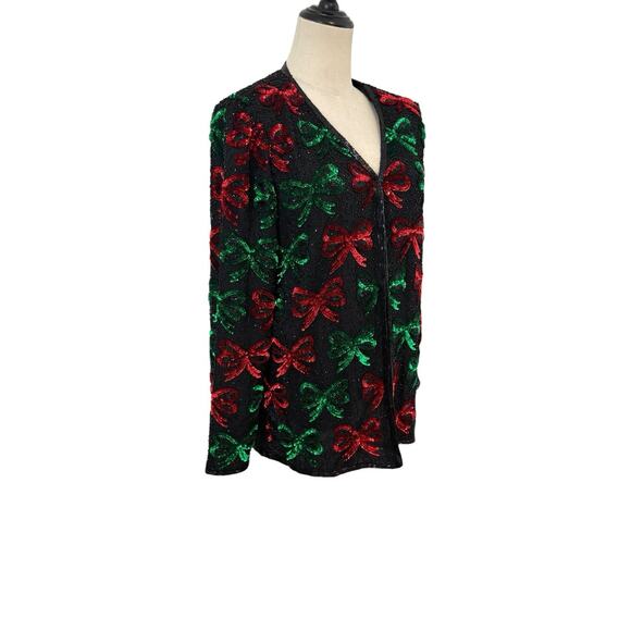 Vtg 80s Lawrence Kazer NY Silk Beaded Jacket Red Green Bows Holiday Partly Sz L - Picture 3 of 10